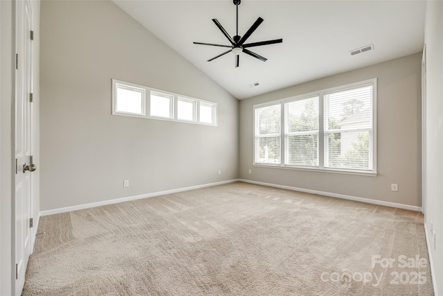 173 Morgans Branch Rd, Belmont, NC 28012 - carpeted spare room featuring baseboards, high vaulted ceiling, and ceiling fan