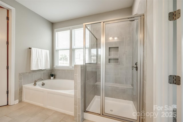 173 Morgans Branch Rd, Belmont, NC 28012 - full bath featuring a garden tub, a shower stall, and tile patterned flooring