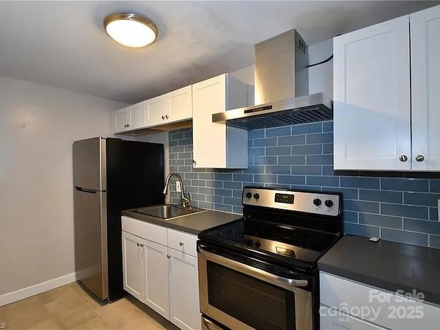 1807 S Hawthorne Rd, Winston Salem, NC 27103 - kitchen featuring appliances with stainless steel finishes, wall chimney exhaust hood, a sink, dark countertops, and baseboards