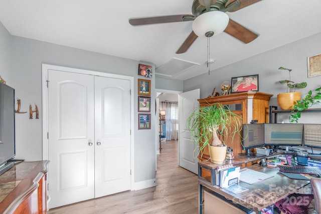 2737 Bobcat Rd, Heath Springs, SC 29058 - home office with ceiling fan, light wood finished floors, and baseboards