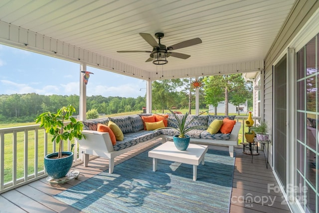 2737 Bobcat Rd, Heath Springs, SC 29058 - wooden deck featuring a ceiling fan, outdoor lounge area, and a forest view