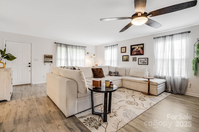 101 Michael Ct, Leicester, NC 28748 - living area with light wood-style floors, a ceiling fan, and baseboards