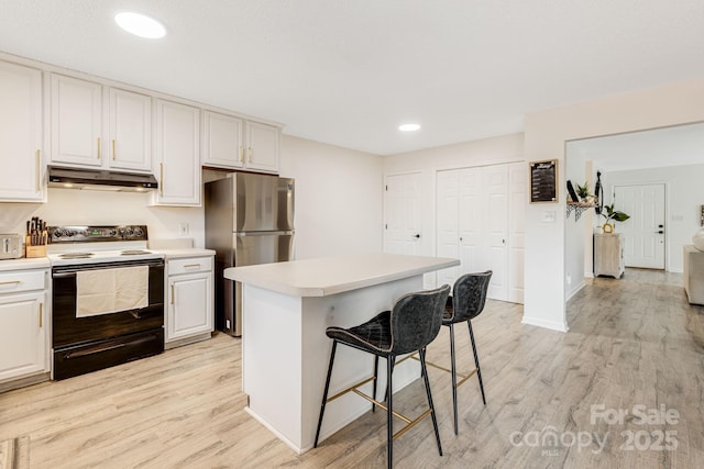 101 Michael Ct, Leicester, NC 28748 - kitchen featuring electric range oven, freestanding refrigerator, under cabinet range hood, light wood-type flooring, and light countertops