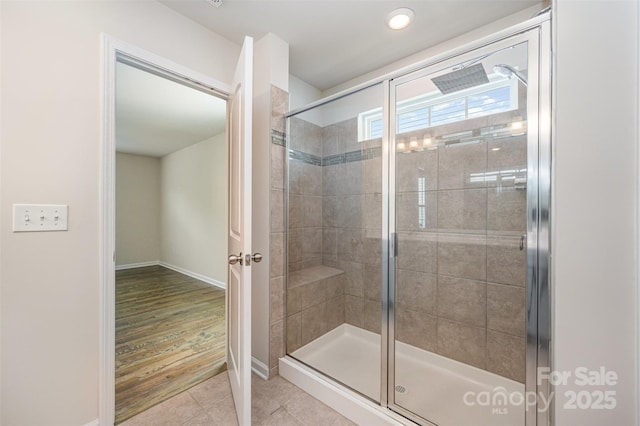 150 Haddonsfield Dr, Mooresville, NC 28115 - full bath featuring a stall shower, baseboards, and tile patterned flooring