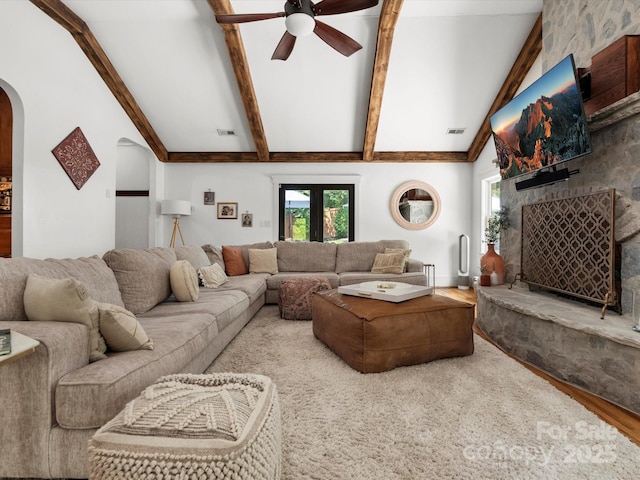315 Mountainview Dr, Charlotte, NC 28270 - living room with arched walkways, ceiling fan, and wood finished floors