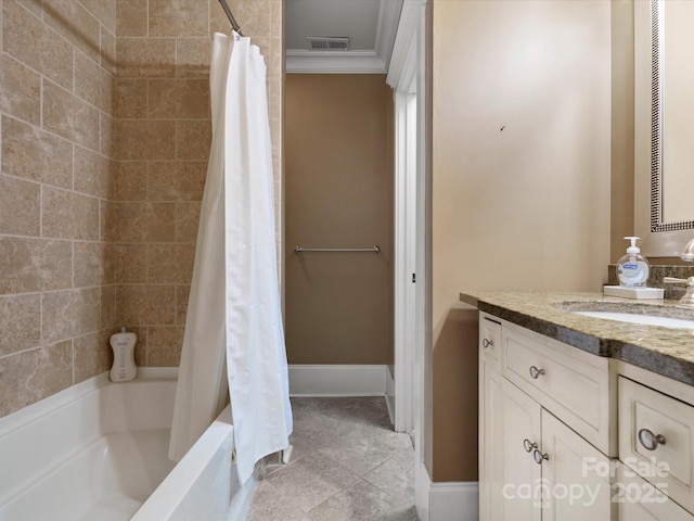 315 Mountainview Dr, Charlotte, NC 28270 - bathroom with crown molding, vanity, and shower / bath combo with shower curtain