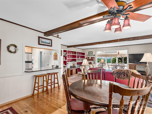 573 Valeria Ln, Pisgah Forest, NC 28768 - dining space featuring wood-type flooring, beamed ceiling, a wainscoted wall, and ceiling fan