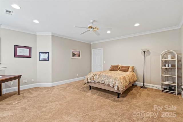 4740 Myers Ln, Harrisburg, NC 28075 - bedroom featuring light carpet, crown molding, recessed lighting, and ceiling fan