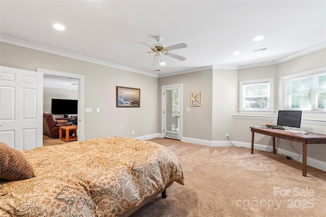 4740 Myers Ln, Harrisburg, NC 28075 - bedroom with ornamental molding, carpet floors, recessed lighting, a ceiling fan, and a desk