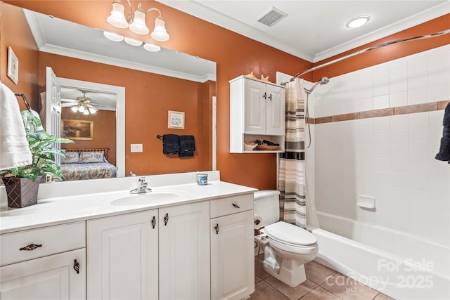 4740 Myers Ln, Harrisburg, NC 28075 - bathroom with vanity, connected bathroom, shower / tub combo with curtain, tile patterned flooring, and crown molding