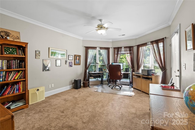 4740 Myers Ln, Harrisburg, NC 28075 - home office featuring a ceiling fan, carpet flooring, ornamental molding, and healthy amount of natural light