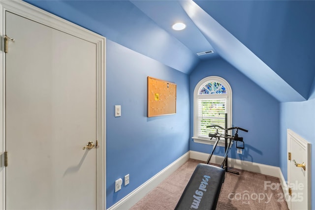 4740 Myers Ln, Harrisburg, NC 28075 - exercise room with vaulted ceiling and carpet flooring