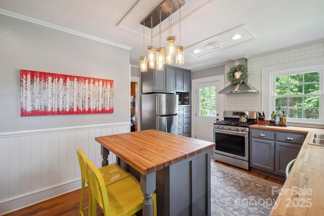 81 21st Ave NW, Hickory, NC 28601 - kitchen with appliances with stainless steel finishes, butcher block countertops, dark wood-style flooring, decorative light fixtures, and wainscoting
