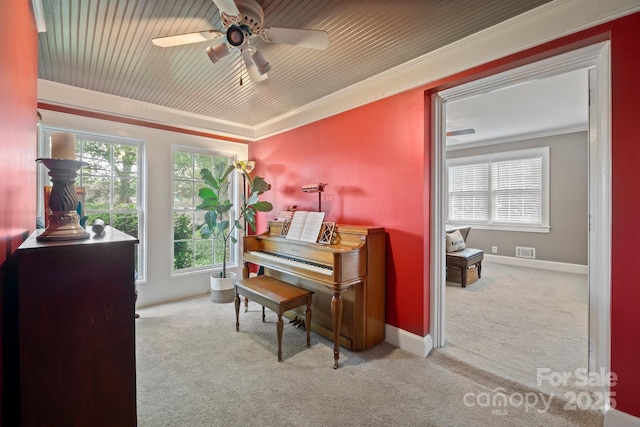 81 21st Ave NW, Hickory, NC 28601 - sitting room with carpet, ornamental molding, a ceiling fan, and baseboards
