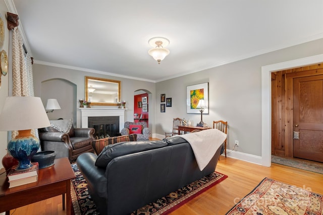 81 21st Ave NW, Hickory, NC 28601 - living area featuring arched walkways, ornamental molding, light wood-style flooring, a glass covered fireplace, and baseboards