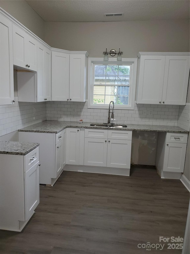 518 N Fulton St, Salisbury, NC 28144 - kitchen with a sink, light stone counters, white cabinetry, and decorative backsplash