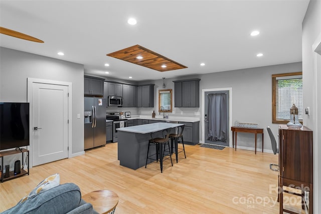358 London Rd, Asheville, NC 28803 - kitchen featuring stainless steel appliances, a kitchen bar, light countertops, a center island, and light wood-style flooring