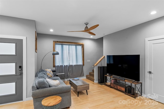 358 London Rd, Asheville, NC 28803 - living area with ceiling fan, stairway, light wood-style floors, plenty of natural light, and recessed lighting