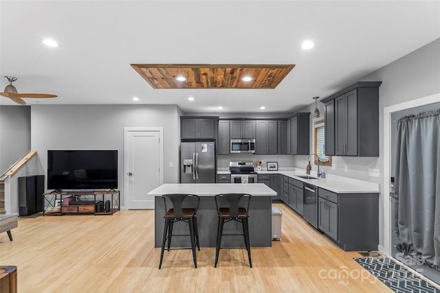 358 London Rd, Asheville, NC 28803 - kitchen featuring stainless steel appliances, a sink, a kitchen breakfast bar, a center island, and light wood-style flooring