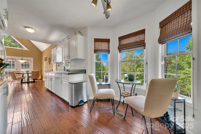 186 Hawks Point Dr, Zirconia, NC 28790 - kitchen with white cabinets, dark wood-style floors, a sink, decorative light fixtures, and baseboards