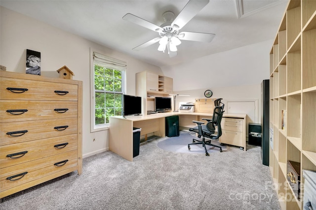 186 Hawks Point Dr, Zirconia, NC 28790 - home office featuring light colored carpet, a ceiling fan, and lofted ceiling