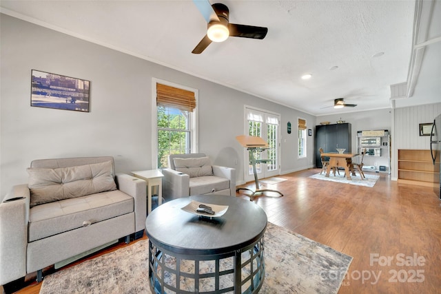 186 Hawks Point Dr, Zirconia, NC 28790 - living room featuring a ceiling fan, wood finished floors, ornamental molding, and baseboards