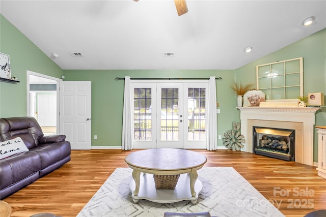 106 Laren Rd, Shelby, NC 28152 - living room with vaulted ceiling, wood finished floors, ceiling fan, french doors, and recessed lighting