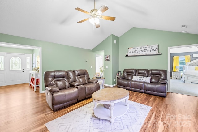 106 Laren Rd, Shelby, NC 28152 - living room featuring ceiling fan, vaulted ceiling, and wood finished floors