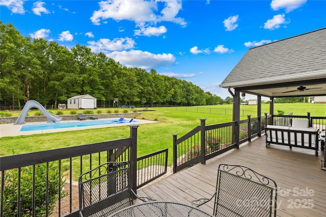 106 Laren Rd, Shelby, NC 28152 - deck featuring a shed and a ceiling fan