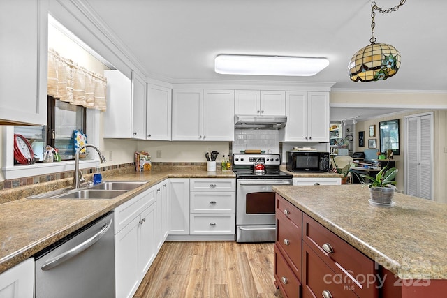 603 S Orchard Rd, Flat Rock, NC 28731 - kitchen featuring stainless steel appliances, under cabinet range hood, a sink, white cabinetry, and light wood-style floors