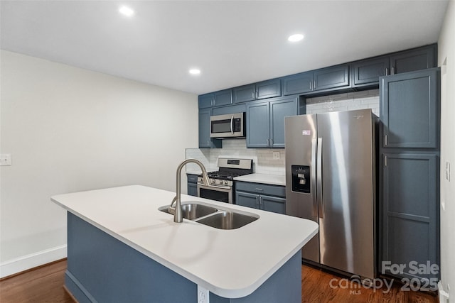 4906 Charleston Dr, Charlotte, NC 28212 - kitchen featuring appliances with stainless steel finishes, tasteful backsplash, dark wood-type flooring, light countertops, and recessed lighting