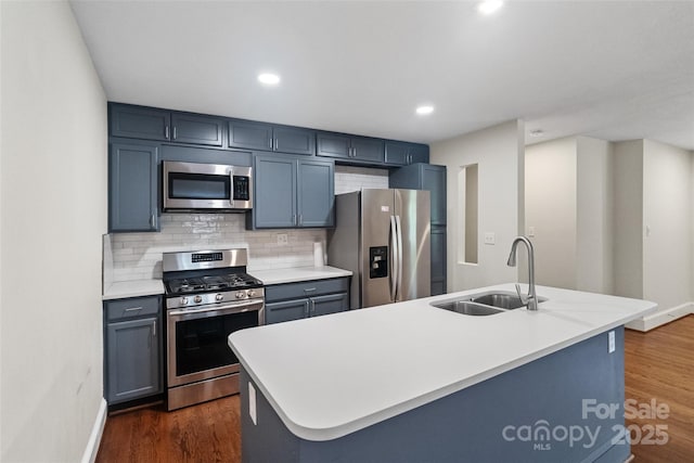 4906 Charleston Dr, Charlotte, NC 28212 - kitchen with appliances with stainless steel finishes, backsplash, light countertops, dark wood-style flooring, and recessed lighting