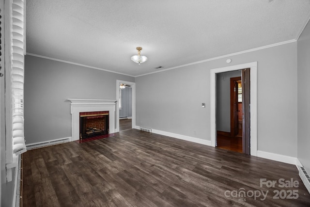 216 Hillcrest Pl, Salisbury, NC 28144 - unfurnished living room with a textured ceiling, wood finished floors, a ceiling fan, a fireplace with flush hearth, and ornamental molding