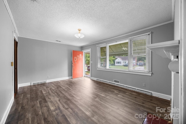 216 Hillcrest Pl, Salisbury, NC 28144 - unfurnished living room featuring crown molding, wood finished floors, baseboard heating, a textured ceiling, and baseboards