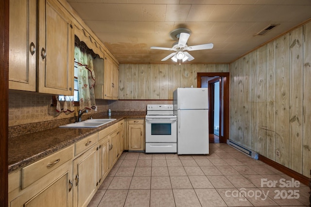 216 Hillcrest Pl, Salisbury, NC 28144 - kitchen featuring white appliances, a sink, a baseboard radiator, dark countertops, and ceiling fan