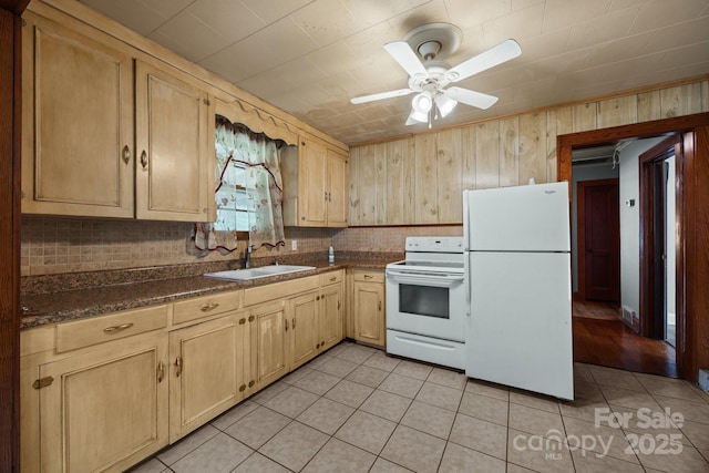 216 Hillcrest Pl, Salisbury, NC 28144 - kitchen with white appliances, a sink, light tile patterned floors, light brown cabinetry, and a ceiling fan
