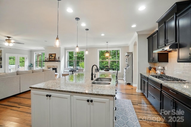 110 St Sophia Ct, Mooresville, NC 28117 - kitchen with a sink, under cabinet range hood, stainless steel gas cooktop, ornamental molding, and a ceiling fan