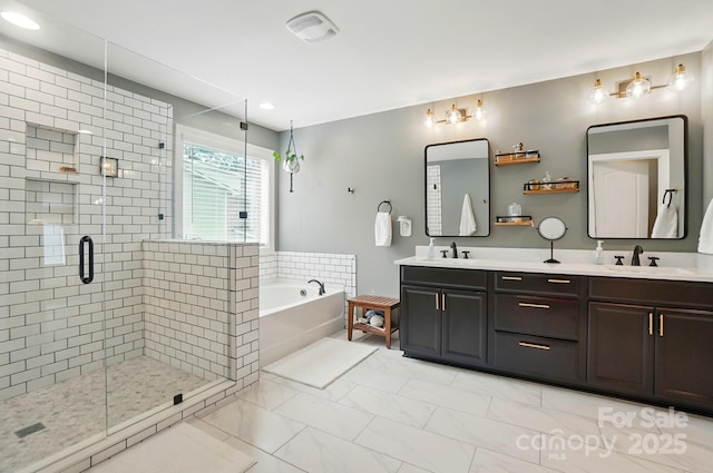 110 St Sophia Ct, Mooresville, NC 28117 - full bath featuring a bath, a stall shower, double vanity, marble look tile flooring, and recessed lighting