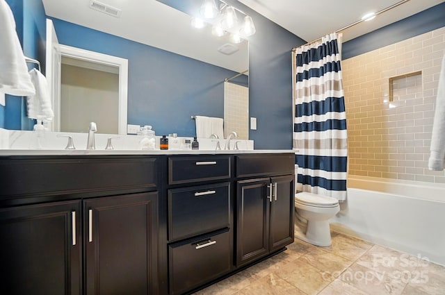 110 St Sophia Ct, Mooresville, NC 28117 - full bath featuring double vanity, toilet, shower / bath combo, and tile patterned flooring