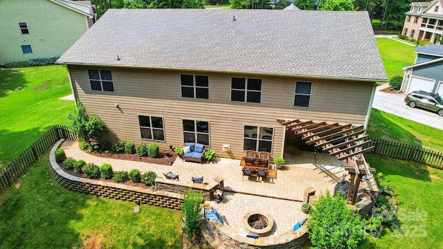 110 St Sophia Ct, Mooresville, NC 28117 - back of property with an outdoor living space with a fire pit, a patio area, and stairway