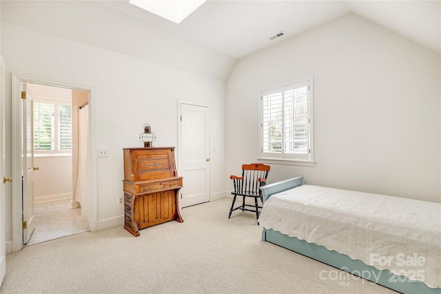 1021 Isleworth Ave, Charlotte, NC 28203 - carpeted bedroom featuring a skylight, lofted ceiling, and baseboards