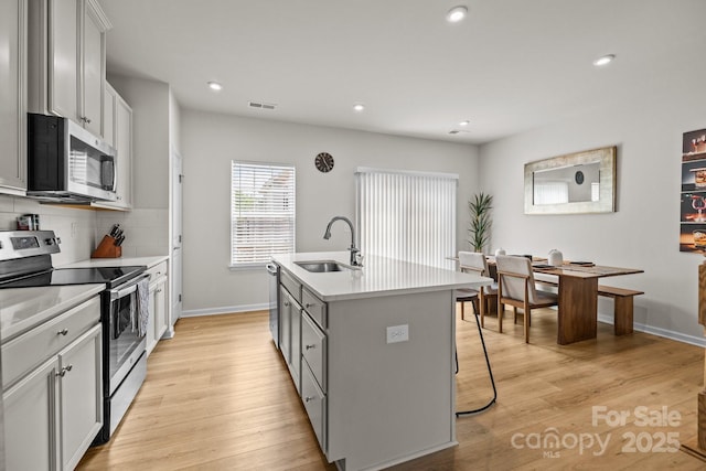 3108 Beeler Ln, Charlotte, NC 28208 - kitchen featuring appliances with stainless steel finishes, a sink, an island with sink, tasteful backsplash, and light wood-style floors
