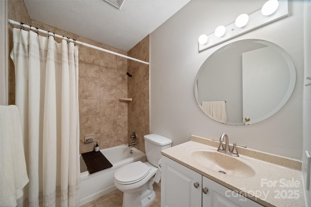 3737 Winding Creek Ln, Charlotte, NC 28226 - bathroom with vanity, shower / tub combo with curtain, toilet, and a textured ceiling
