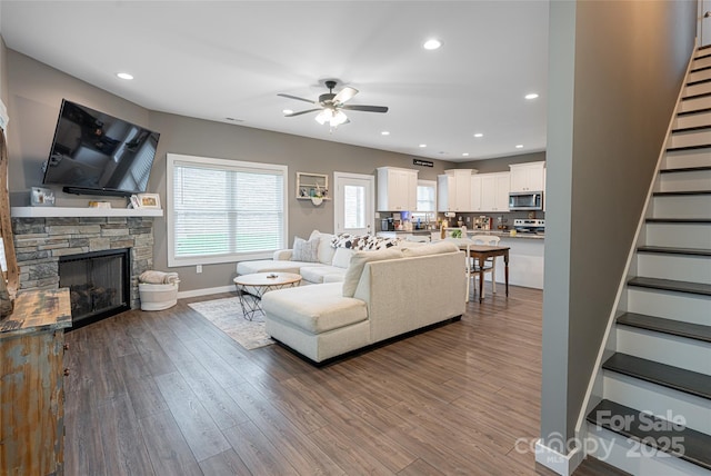 27 Sage Crest Loop, Weaverville, NC 28787 - living area featuring stairs, ceiling fan, baseboards, dark wood finished floors, and recessed lighting