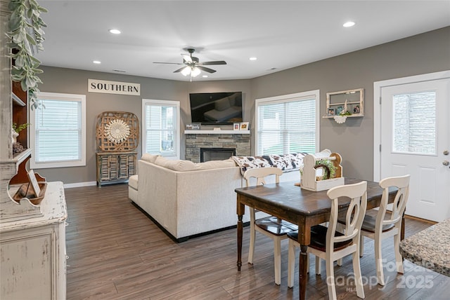 27 Sage Crest Loop, Weaverville, NC 28787 - living area with recessed lighting, a ceiling fan, wood finished floors, a fireplace, and baseboards