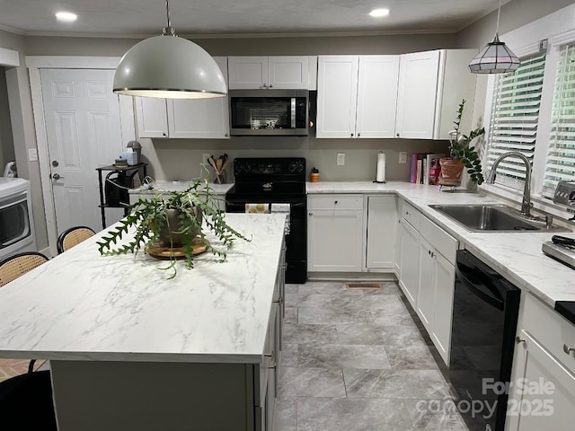 199 Crowell Dr SW, Concord, NC 28025 - kitchen featuring black appliances, a sink, ornamental molding, light stone countertops, and recessed lighting