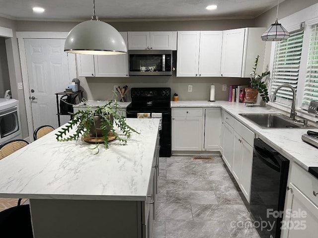 199 Crowell Dr SW, Concord, NC 28025 - kitchen with black appliances, a sink, crown molding, light stone countertops, and recessed lighting