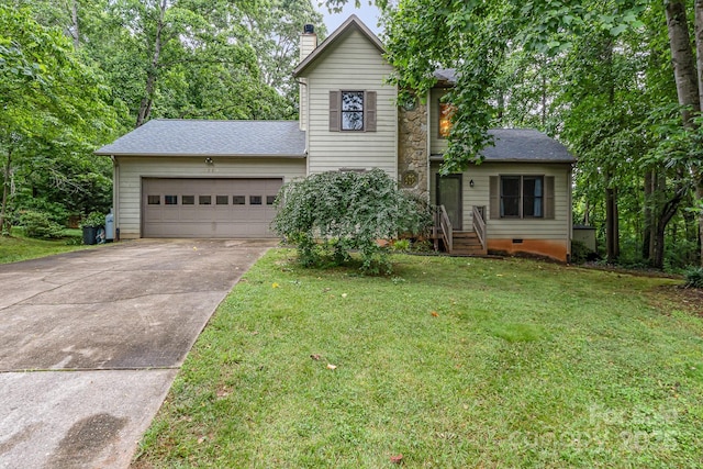 3884 Snider Cir, Hickory, NC 28602 - traditional home featuring concrete driveway, a garage, a chimney, a front lawn, and a shingled roof