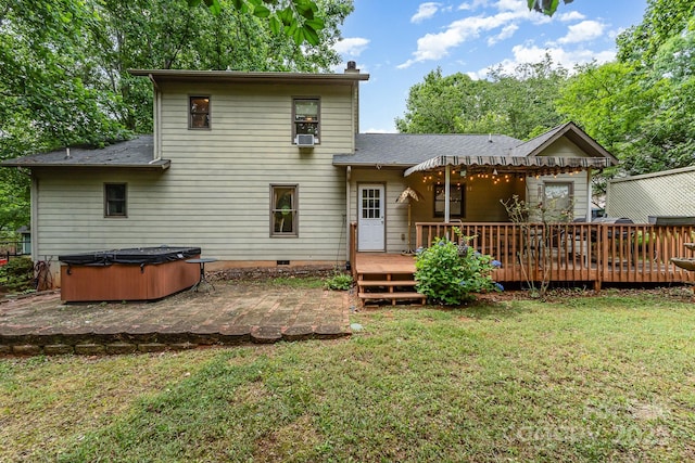 3884 Snider Cir, Hickory, NC 28602 - rear view of property with a hot tub, a patio area, a deck, a yard, and roof with shingles