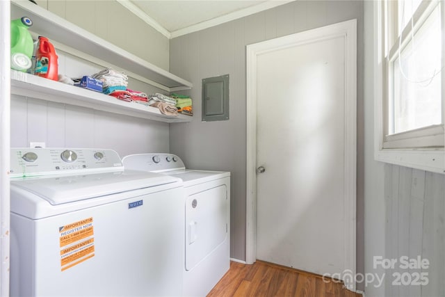 166 Stephanie Dr, Lexington, NC 27295 - laundry room featuring electric panel, crown molding, independent washer and dryer, and light wood-style flooring